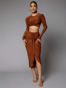 SHEIN BAE Top crop unicolor & Falda fruncido bajo asimétrico - Café integral - Ver 5