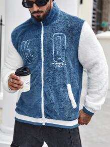 Manfinity Homme Men Plus Letter Embroidery Contrast Sleeve Zip Up Teddy Jacket - Blue - View 3
