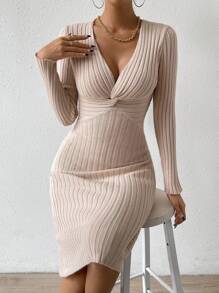 Chiquease 前扭結條紋針織毛衣洋裝 - 杏色 - 查看 1