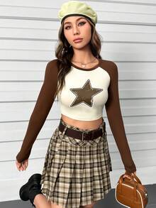 SHEIN Unity Women's Star Print Contrast Color Round Neck Long Sleeve T-Shirt - Brown - View 4