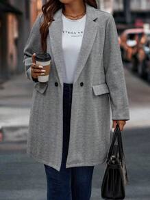 Calvaya Plus Lapel Neck Double Button Overcoat - Grey - View 5