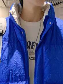 Claim Dot Men's Loose Fit Letter Patch Zip Up Padded Coat - Blue - View 3