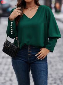 Calvaya Talla grande Blusa con botón trasero de manga gigot - Verde Oscuro - Ver 2