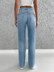 EURMUSE 100%Cotton High Waist Straight Leg Jeans - Light Wash - View 3