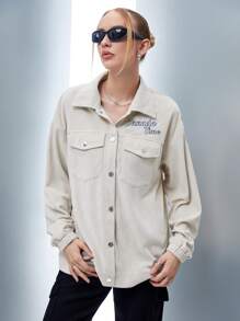 SHEIN Unity Letter Graphic Flap Pocket Drop Shoulder Coat Fall Cloth For Women - Apricot - View 3