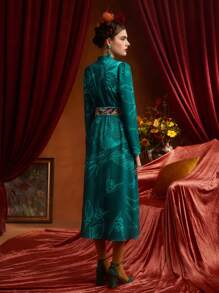 Frida Kahlo X SHEIN 印花鎖眼領洋裝不附腰帶 - 綠色 - 查看 2