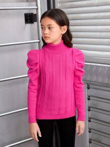 SHEIN Tween女孩高領蓬蓬袖毛衣 - 玫紅色 - 查看 4