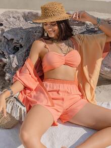 Rusttydustty Two Tone Batwing Sleeve Kimono & Shorts & Cami Top - Coral Orange - View 8