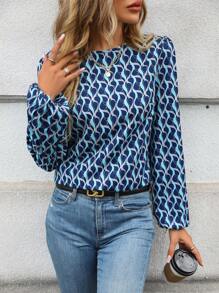 SHEIN Frenchy 滿版印花燈籠袖襯衫 - 寶藍色 - 查看 6