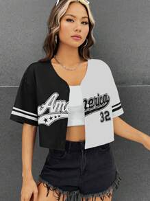 SHEIN EZwear 字母圖案雙色落肩袖短款襯衫 - 黑與白 - 查看 8