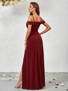 SHEIN Belle Váy cô dâu xẻ đùi lạnh vai - Cà phê nâu - Xem 2