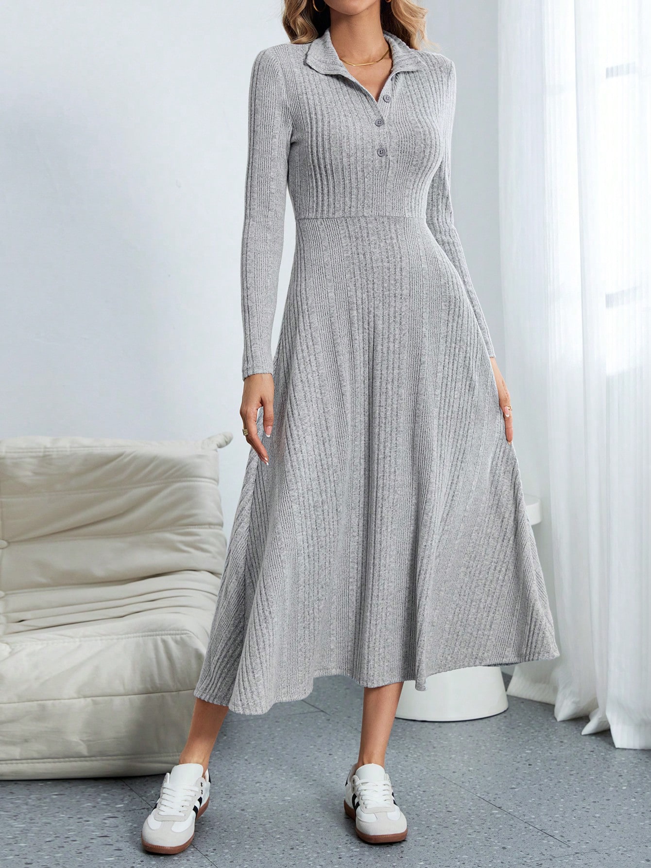 فستان طويل فضفاض عادي بياقة مستديرة للمراهقات، بتص...