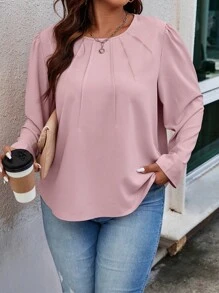 SHEIN Clasi Hơn Chất rắn Chi tiết nếp Áo sơ mi - Hồng - Xem 4