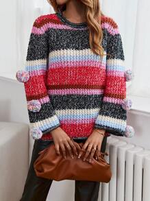 SHEIN LUNE Color Block Pompom Patched Trumpet Sleeve Knit Pullover Fall Winter Sweater - Multicolor - View 3
