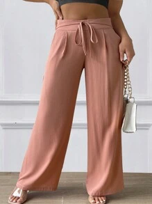 SHEIN LUNE Plus Tie Front Wide Leg Trousers - Pink - View 4