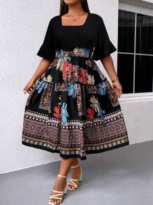 SHEIN LUNE 大碼印花方領蝴蝶袖連衣裙 - 黑色 - 查看 6