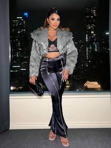 SHEIN SXY 大翻領開門襟短款毛茸茸外套 - 灰色 - 查看 6