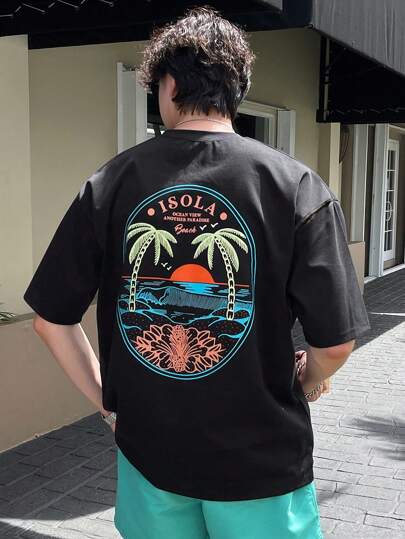 DAZY Men Cotton Letter & Palm Tree Print Drop Shoulder Tee,Graphic Tees Vacation