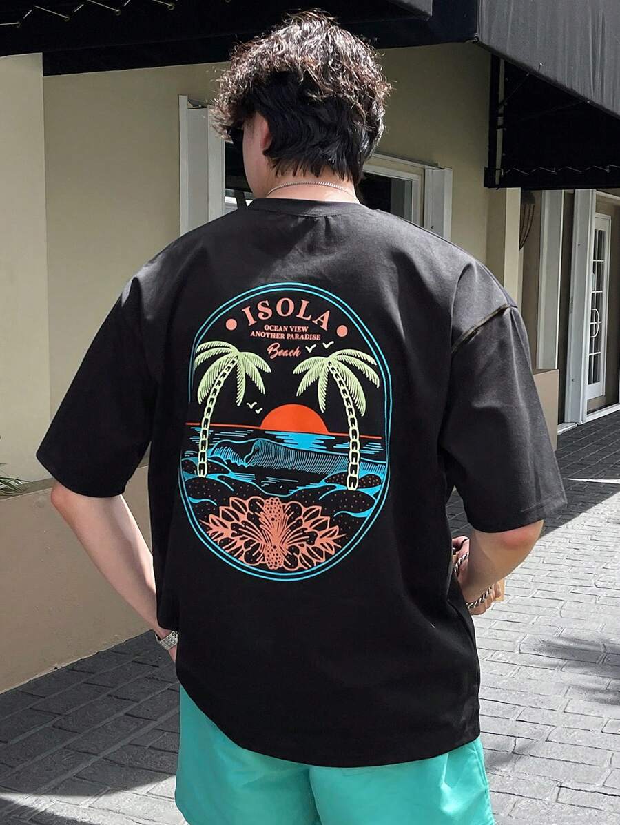 DAZY 男士纯棉字母和棕榈树印花落肩T恤，度假图案T恤 - 黑色 - 查看 1