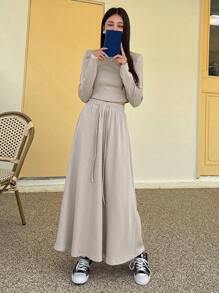 DAZY 休閒抽繩 褶邊純色女士兩件套 - 卡其色 - 查看 5