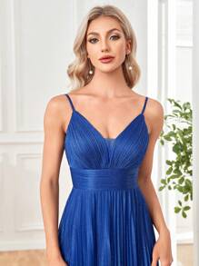 女士优雅高腰褶皱V领无袖金属银色针织长裙，宽松A字廓形，适合鸡尾酒会、婚礼、周年纪念、正式庆典、新娘送礼会、生日派对，以及作为新娘母亲的奢华高贵礼服（重工装饰） - 寶藍色 - 查看 4