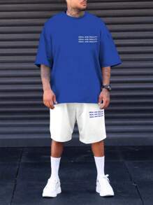 Manfinity Homme Hombres talla grande Shorts con camiseta con estampado de slogan - Azul y blanco - Ver 4