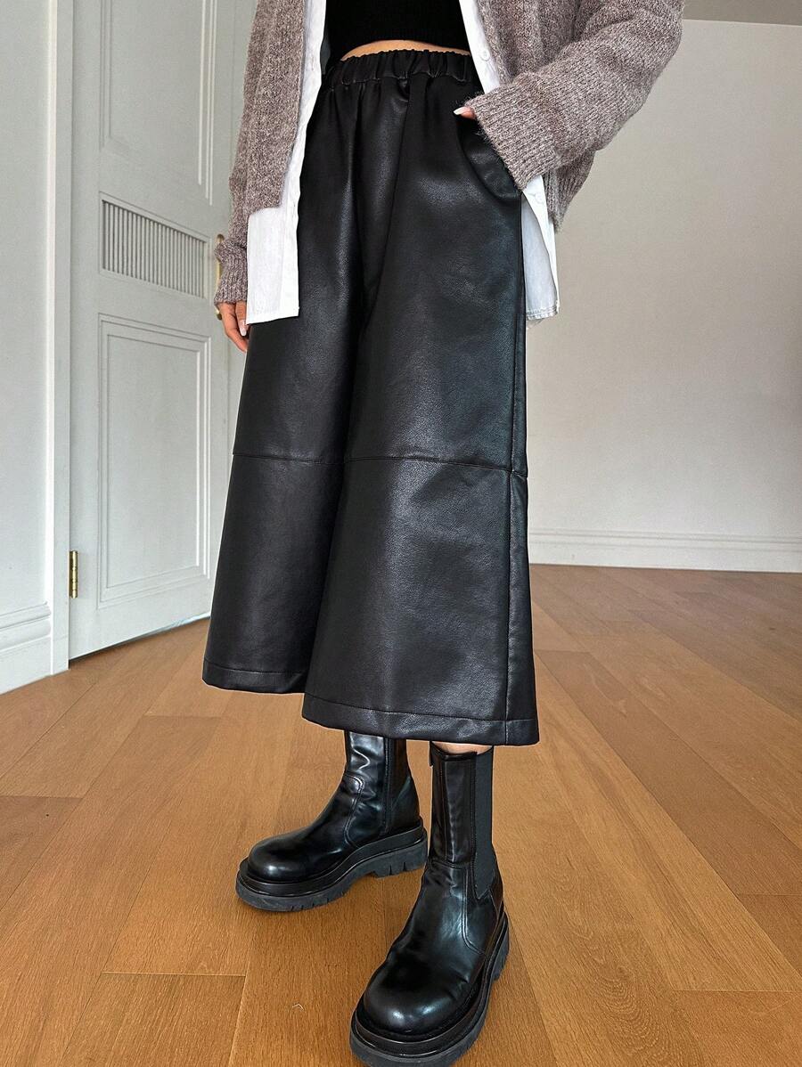 DAZY Elastic Waist Slant Pocket PU Leather Wide Leg Pants - Black - View 1