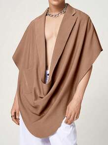 男士素色口袋貼布垂墜不對稱下擺披肩 - 卡其色 - 查看 1
