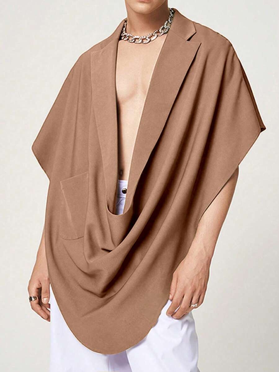 男士素色口袋貼布垂墜不對稱下擺披肩 - 卡其色 - 查看 1