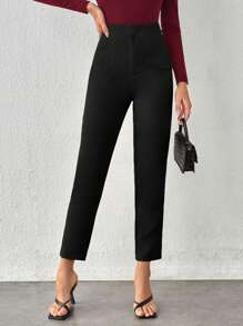SHEIN Tall Solid High Waist Cropped Pants - Black - View 1