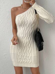 Chiquease One Shoulder Cable Knit Bodycon Sweater Dress Fall Winter Cloth For Women - Apricot - View 6