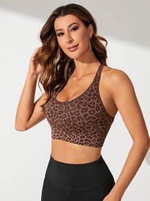 Slayform Leopard Print Crisscross Backless Sports Bra - Coffee Brown - View 6