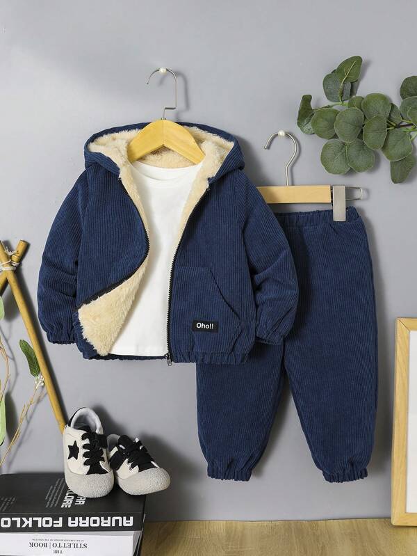 SHEIN Baby Jungen Jacke mit Buchstabe Flicken Detail Teddy Futter, Kapuze, & Hose ohne T-Shirt