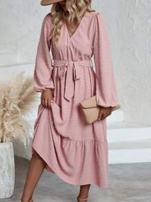 SHEIN Clasi Chấm Swiss Tay áo lồng đèn Xù Hoa Sen Váy có thắt lưng - Hồng - Xem 3