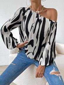SHEIN LUNE Graphic Print Asymmetrical Neck Lantern Sleeve Blouse