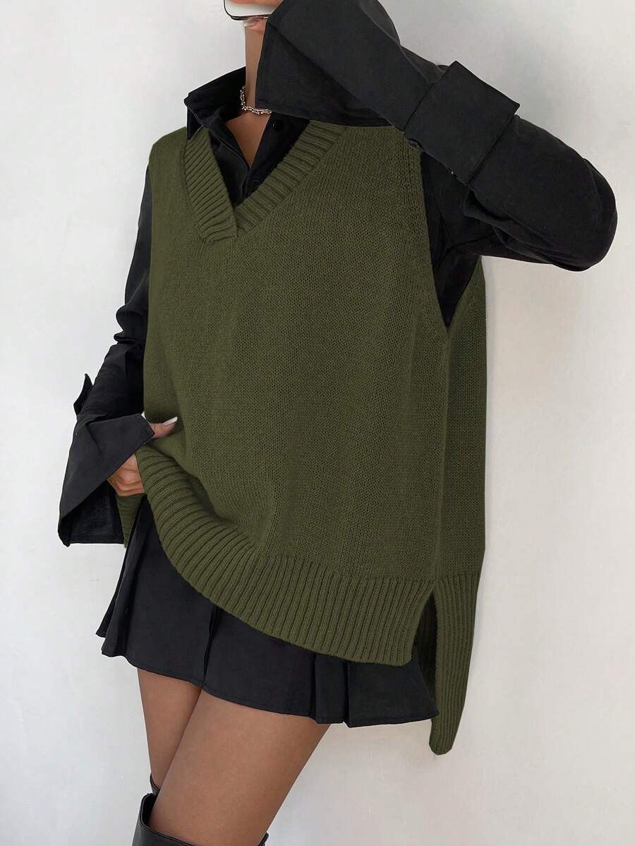 Chiquease 1pc Split Hem Sweater Vest - Army Green - View 1