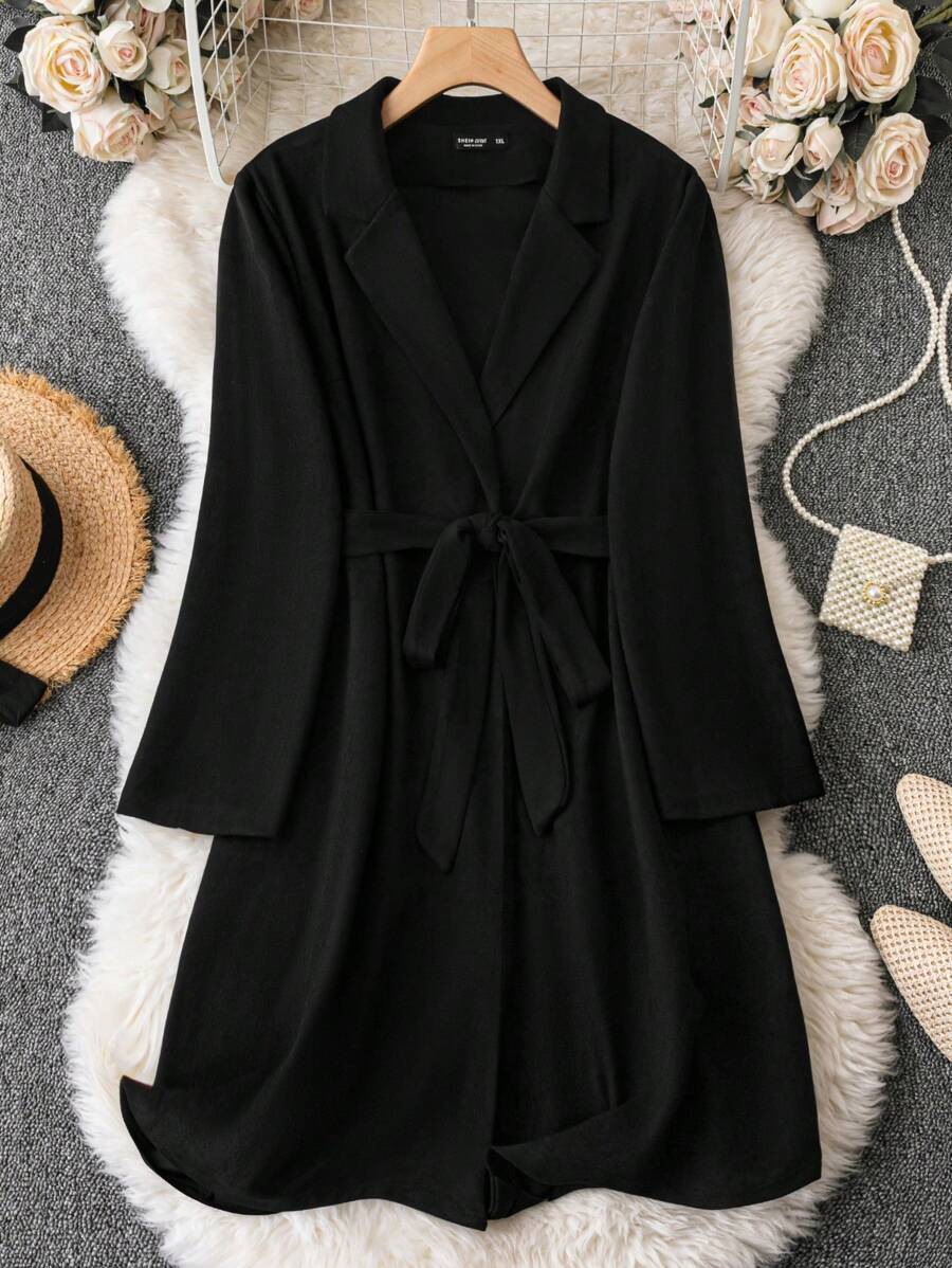 SHEIN LUNE Plus Lapel Neck Open Front Coat Fall Cloth For Women - Black - View 1