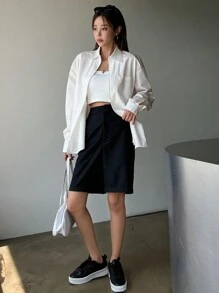 DAZY Solid Zipper Front Pocket Patched Drop Shoulder Shirt - White - View 5