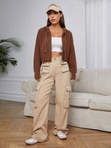 SHEIN EZwear Thả vai Dây rút áo có mũ Áo len Mở - Màu nâu Sô-cô-la - Xem 4