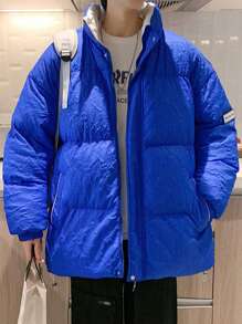 Claim Dot Men's Loose Fit Letter Patch Zip Up Padded Coat - Blue - View 6