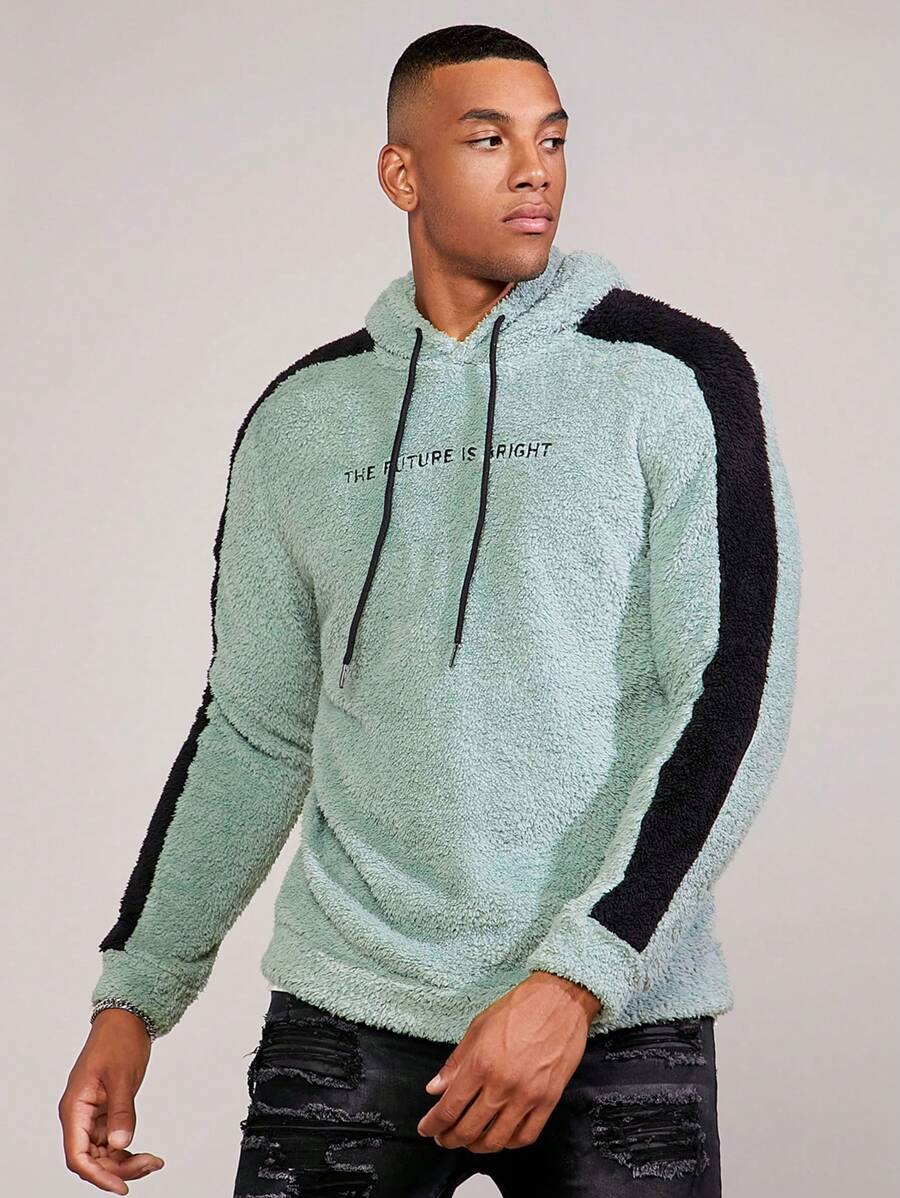 Manfinity Hypemode 男士標語刺繡拼接側邊接縫抽繩毛絨帽衫 - 薄荷綠 - 查看 1