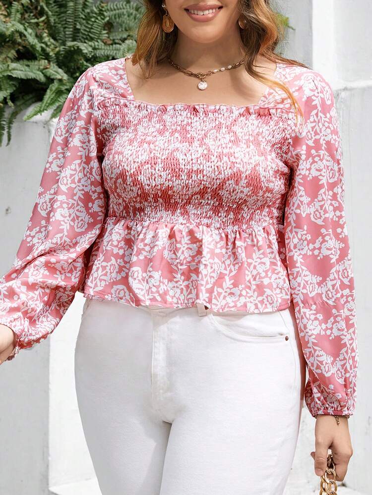 Plus Allover Floral Print Square Neck Peplum Blouse