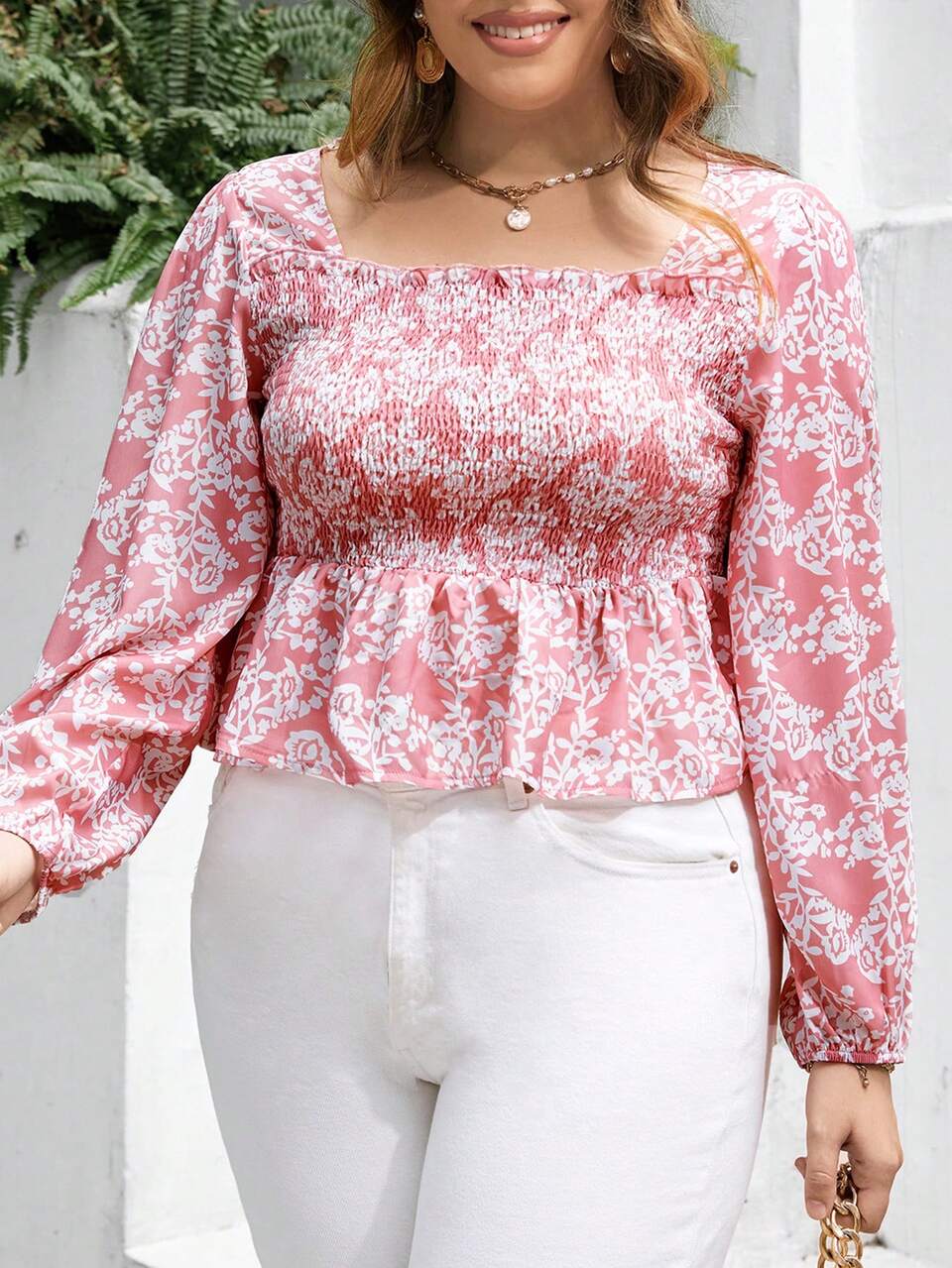 Plus Allover Floral Print Square Neck Peplum Blouse