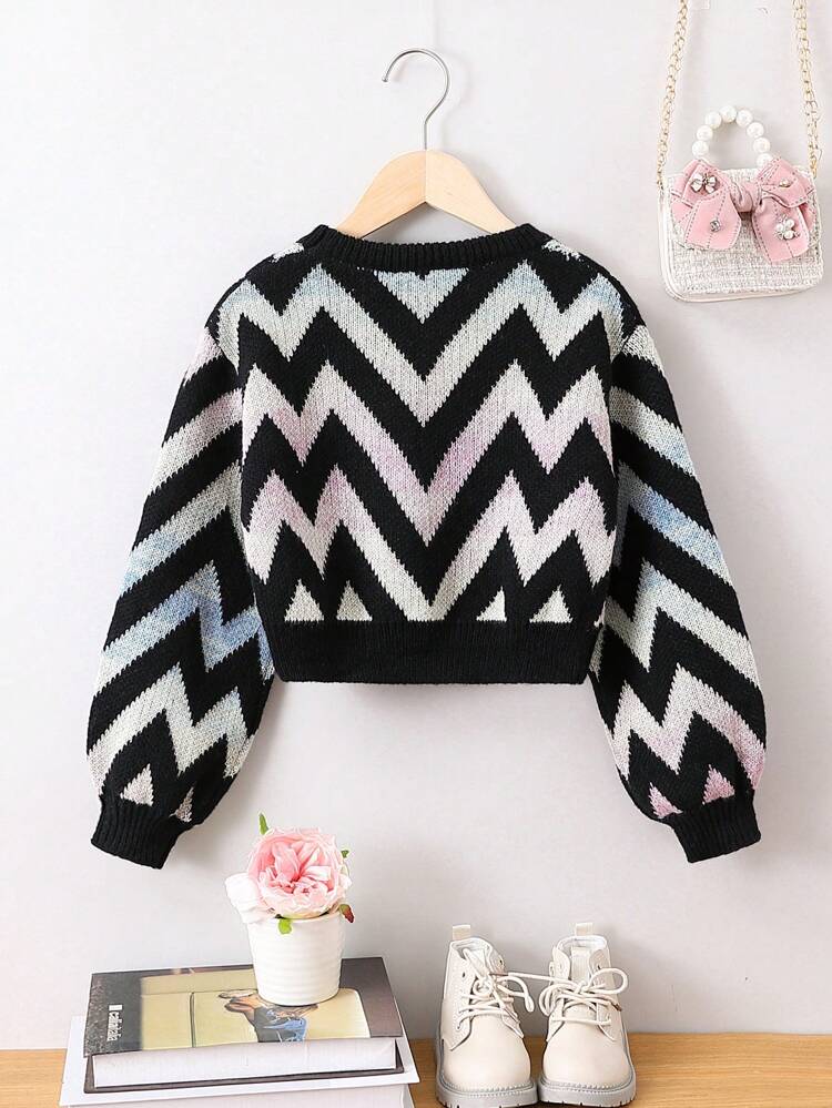 Tween Girl Chevron Pattern Lantern Sleeve Crop Sweater