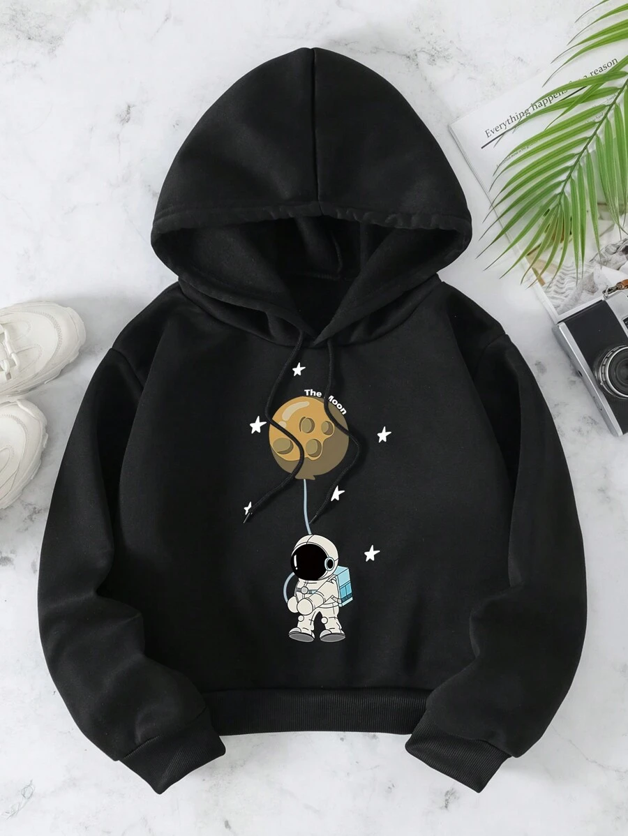SHEIN EZwear Astronaut Print Drawstring Thermal Lined Hoodie - Black - View 1