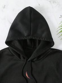 SHEIN Essnce 月亮印花抽繩加絨內裏連帽衫 - 黑色 - 查看 7