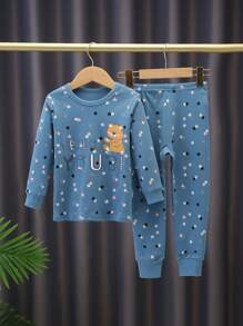 2 件套青少年男孩熊印花长袖上衣和裤子休闲睡衣套装，秋冬