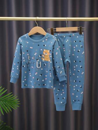 2 件套青少年男孩熊印花长袖上衣和裤子休闲睡衣套装，秋冬