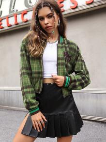 Flirla Plaid Print Letter Patched Striped Trim Drop Shoulder Zipper Overcoat - Green - View 4