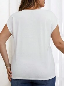 SHEIN Franclia Plus Solid V Neck Batwing Sleeve Tee - White - View 2